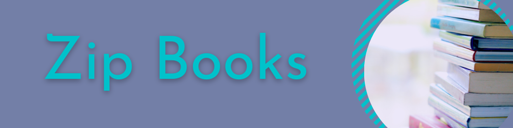 Banner with an image of a stack of books and the words Zip Books