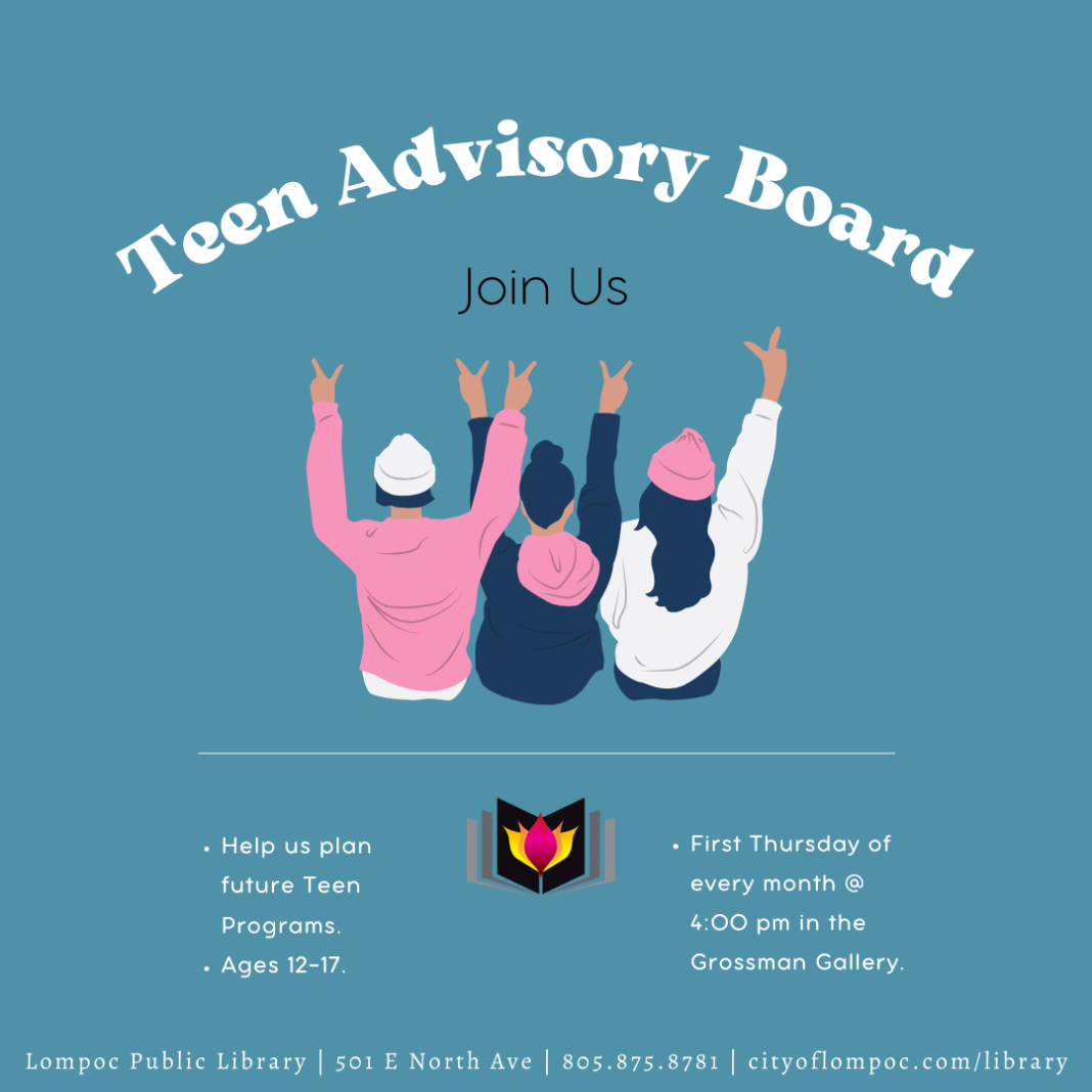 Teen Advisory Board First Thursdays 4 PM Grossman Gallery Eligible to teens 13 to 17 years old that fill out a volunteer application
